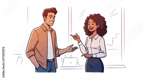 Obraz Diverse colleagues engaged in a positive business discussion, showcasing teamwork and communication in a modern office illustration