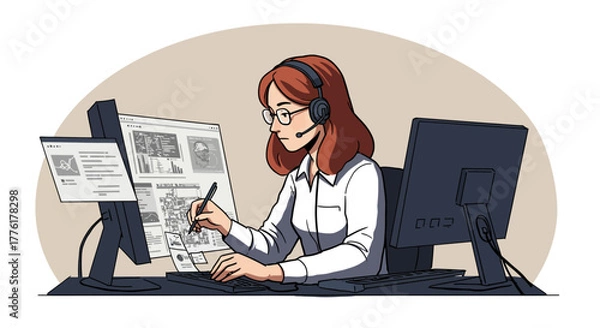 Obraz An illustration of a focused female creative professional working diligently at a multi-monitor desk with a headset and digital tablet