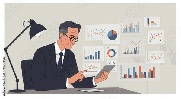 Fototapeta An experienced businessman manages investments by analyzing digital charts and graphs on his tablet