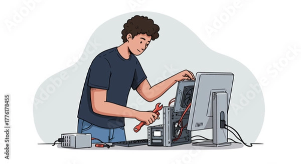 Obraz Man fixing computer hardware with a wrench, illustrating technical support and computer repair services
