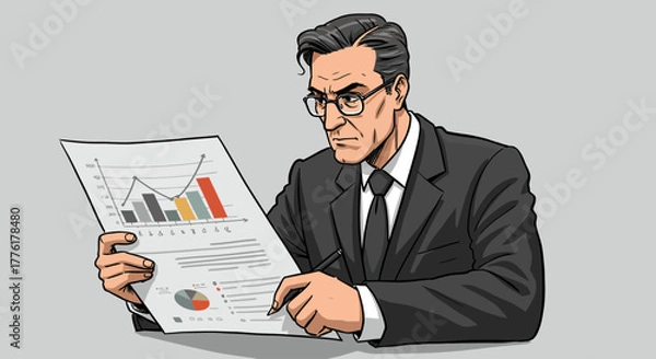 Obraz Serious executive in a suit reviewing a detailed business report with performance metrics and market analysis graphs