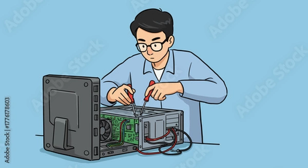 Obraz Illustrator Depicts A Man Working On A Computer With Tools In A Clean And Simple Style