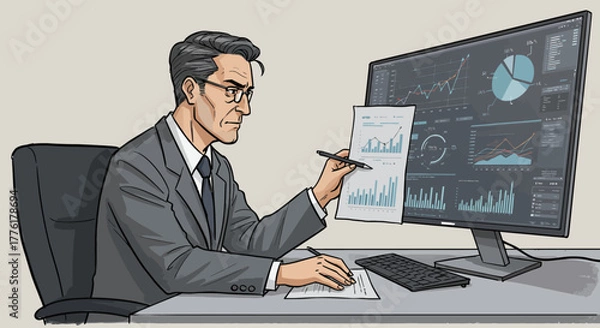 Obraz Business Executive Analyzing Financial Data and Charts on Computer Screen
