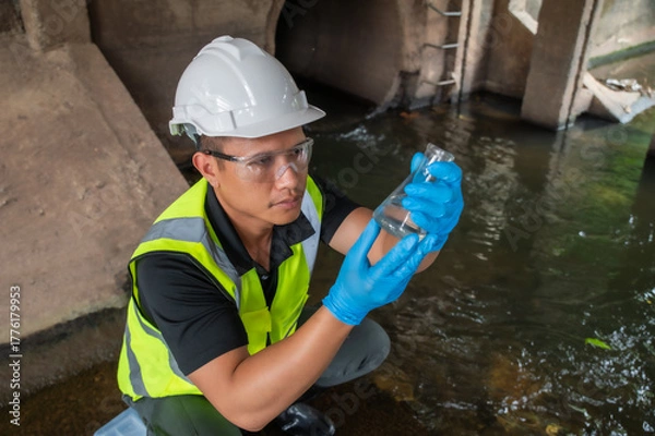 Fototapeta Environmental Scientist Collecting Water Samples Under Bridge alone