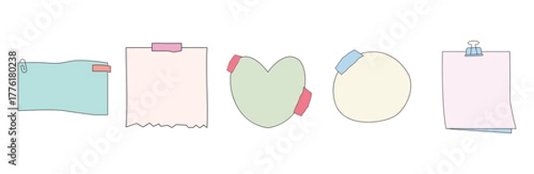 Obraz Pastel Sticky Note Collection with Heart and Circle Shapes Featuring Tape and Clip Designs
