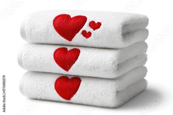 Obraz Elegantly embroidered heart design towels set for romantic bathroom decor and valentine's day gift ideas on white background