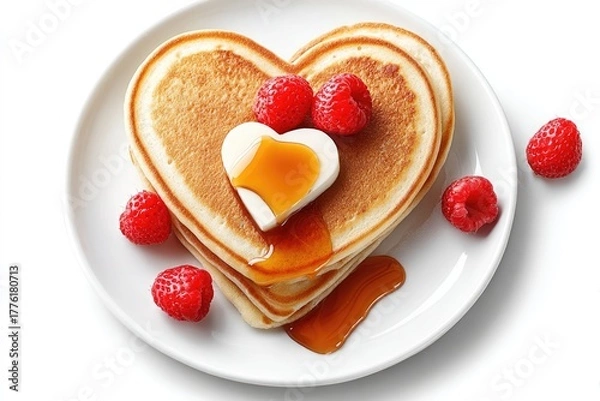 Obraz Delicious heart shaped pancake on white plate with fresh raspberries and syrup for romantic valentine's day breakfast
