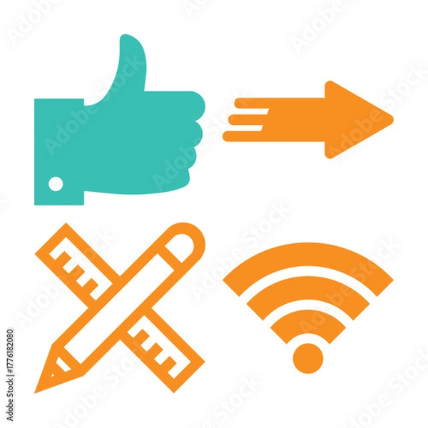 Fototapeta A graphic with four distinct icons: a thumbs up, an arrow, a pencil and ruler, and a Wi-Fi symbol.
