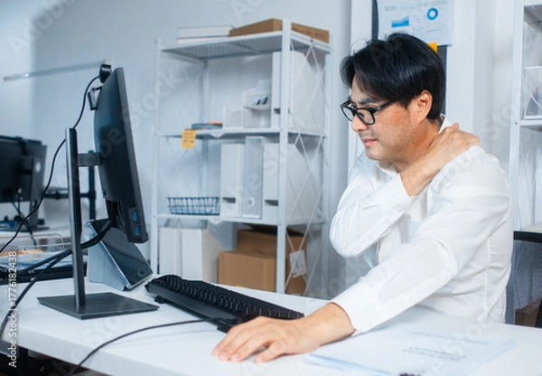 Fototapeta Office syndrome and muscle pain office worker overworking while working on computer sit at desk in office. Tired and stressed Businessman massaging his shoulder feels pain, discomfort, and injury.
