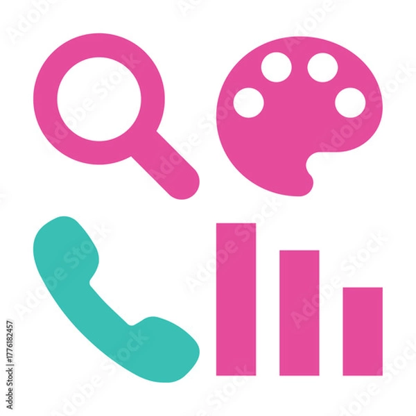Fototapeta A collection of four simple, flat icons in pink and teal, depicting a magnifying glass, a paint palette, a telephone handset, and a bar graph.