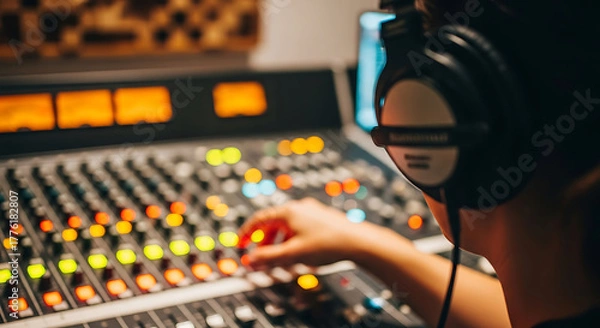 Fototapeta Close-up of Music Producer Mixing Tracks on Soundboard with Headphones in Professional Recording Studio: Focus on Music Creation, Audio Engineering, and Creative Work