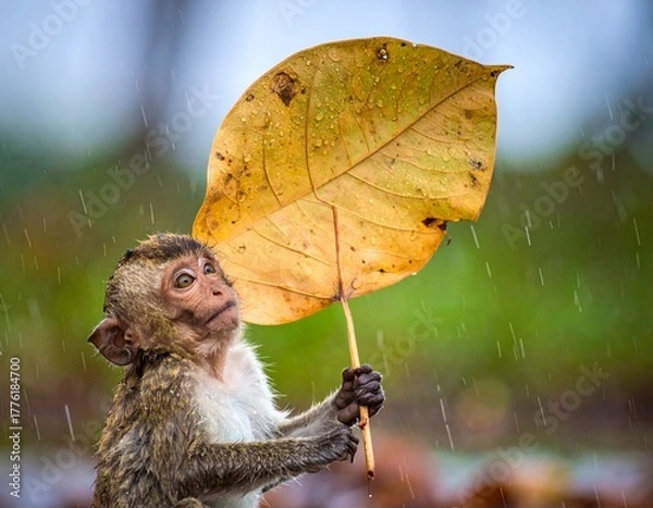 Fototapeta Young Monkey Sheltering from Rain Under Large Yellow Leaf in Nature