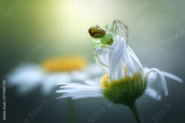 Fototapeta Green crab spider on daisy flower in morning light - macro photography of nature and wildlife, spring meadow scene with soft focus and vibrant bokeh. The beauty of nature.
