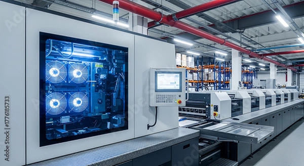 Fototapeta High-Tech Printing Press: A Modern Offset Machine in an Industrial Factory Setting Offering Precision and Efficiency for Mass Production Printing Solutions (Side View)