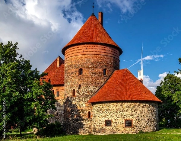 Fototapeta A medieval fortress with round towers and red tiled roofs under a bright blue sky
