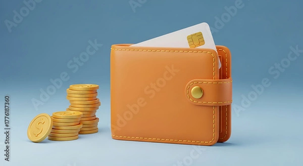 Fototapeta Wallet with Gold Coins and Credit Card Mockup for Business Success and Financial Planning, Savings Investment, and E-Commerce, Modern and Stylish Design (3D Render)