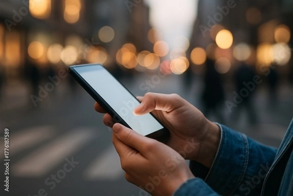 Obraz Urban Smartphone Usage Close-Up: Perfect for Tech Ads, Mobile App Promotions, Urban Lifestyle Campaigns, Social Media Banners, and Productivity Tool Commercials