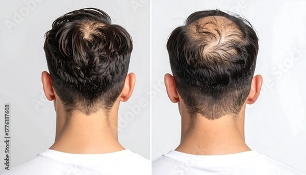Obraz A man's rear view, showcasing differing stages of hair loss and its impact