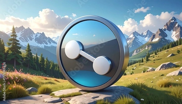 Obraz A metallic emblem with two connected circles atop a mountain landscape