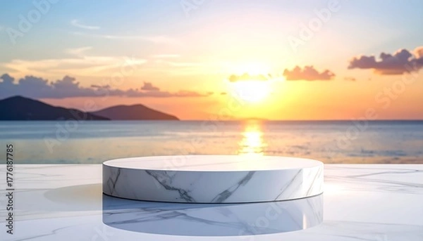 Obraz A marble product display platform sits seaside, framed by ocean, sunset, and distant islands