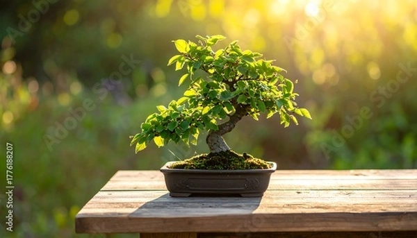 Fototapeta A meticulously crafted bonsai tree sits on a wooden table, bathed in warm sunlight