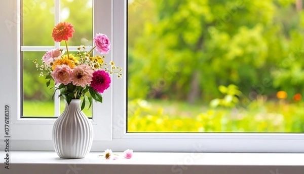 Obraz Flowers in vase by bright window colorful blooms, fresh air. Outside, trees blur. Peaceful interior