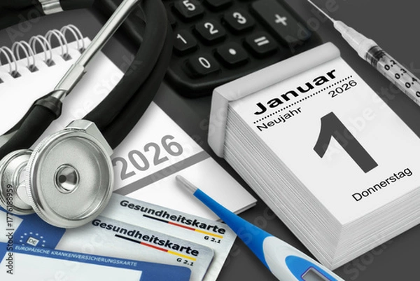 Obraz Medizin und Deutscher Kalender Datum 1. Januar 2026   Rechner Stethoskop  Gesundheitskarte