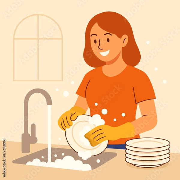 Obraz Smiling woman washing dishes by hand in kitchen sink with soap foam and running water. Domestic chores and home cleaning concept in flat vector style.