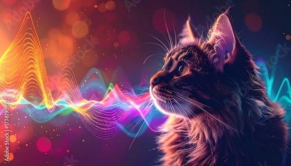 Obraz Fluffy brown cat profile with colorful, glowing waves and bokeh lights against a dark backdrop