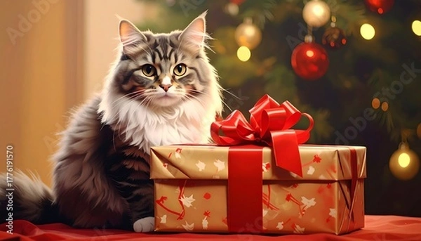 Obraz Fluffy cat with a gift in front of a blurred Christmas tree with red ornaments, soft lighting, and cozy atmosphere