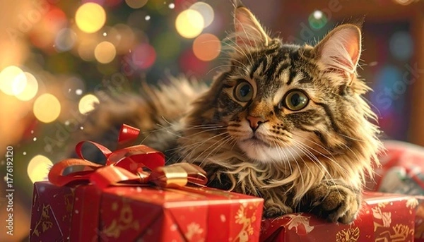Obraz Fluffy tabby cat resting on red Christmas gifts, with blurred tree lights in background, warm inviting atmosphere