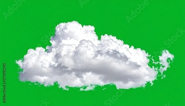 Obraz Fluffy white cloud isolated against a bright green background, showcasing its soft texture and rounded shape