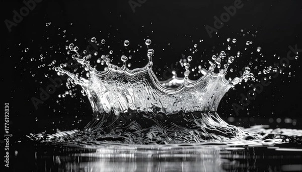 Fototapeta Abstract Splash of Clear Water Forming a Crown Shape Against a Dark Background with Reflective Surface and Tiny Droplets Suspended in the Air