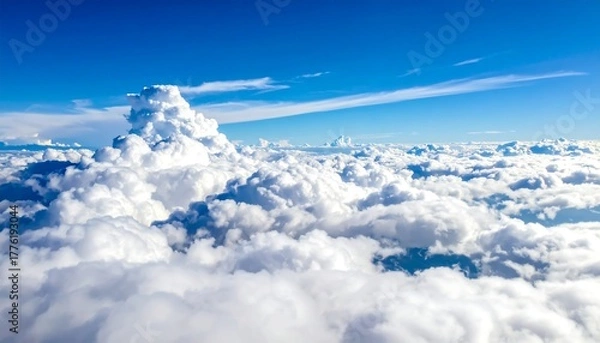 Obraz Fluffy white clouds drift serenely beneath a vibrant blue sky, creating a breathtaking aerial vista