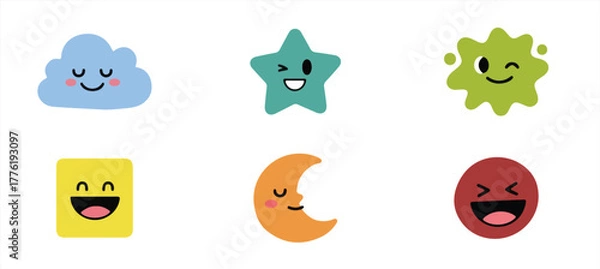 Fototapeta Cute cartoon emotion faces set, colorful smiling cloud, star, moon and shape characters for kids illustration design