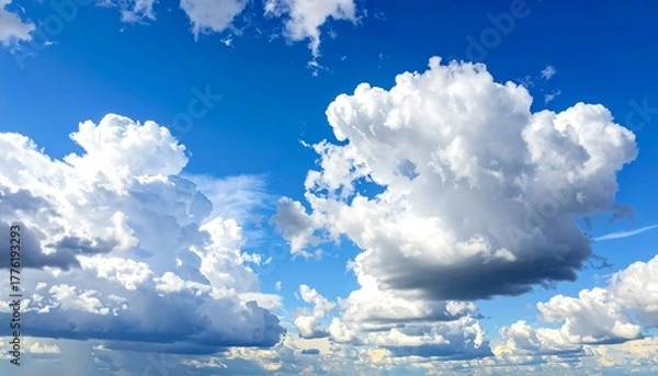 Obraz Fluffy white cumulus clouds drift across a vibrant blue sky, creating a picturesque, serene, and airy composition