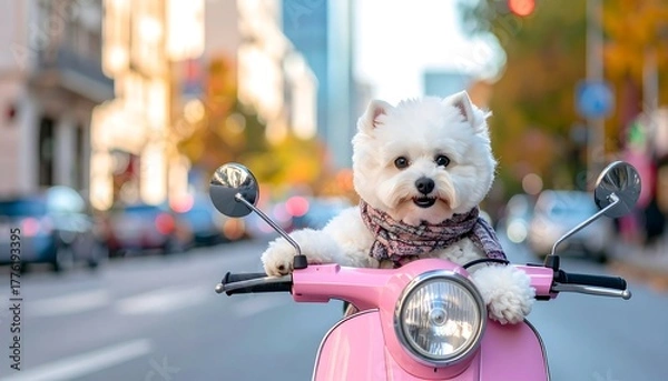 Obraz Fluffy white dog with scarf rides pink scooter in a city with autumn leaves and blurry cars in the background