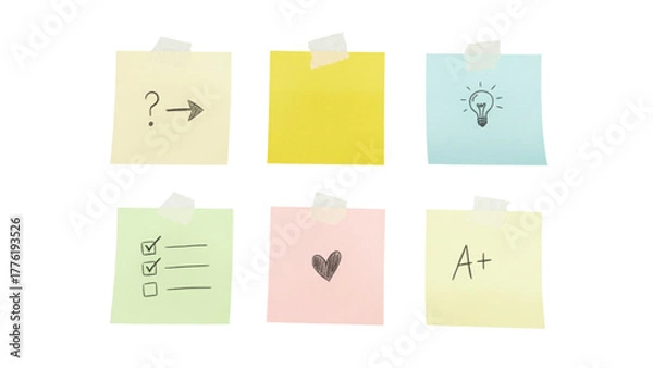 Fototapeta Sticky notes with question mark, arrow, lightbulb, heart, checklist, plus grade for organization