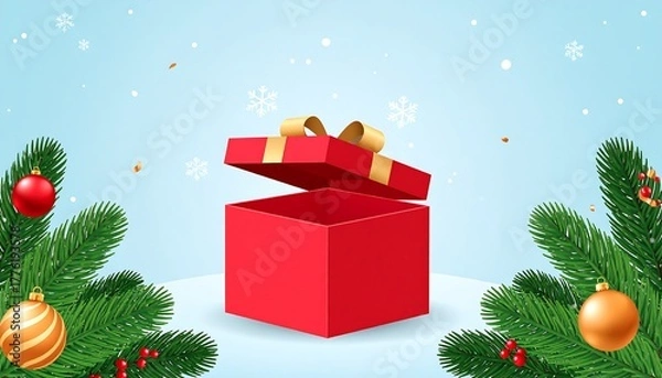 Obraz Festive scene with open red gift box surrounded by pine branches, ornaments, and falling snow on a light blue background