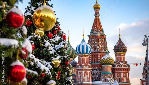 Obraz Festive snow-covered tree with ornaments and colorful patterned cathedral domes against a bright blue and cloudy sky