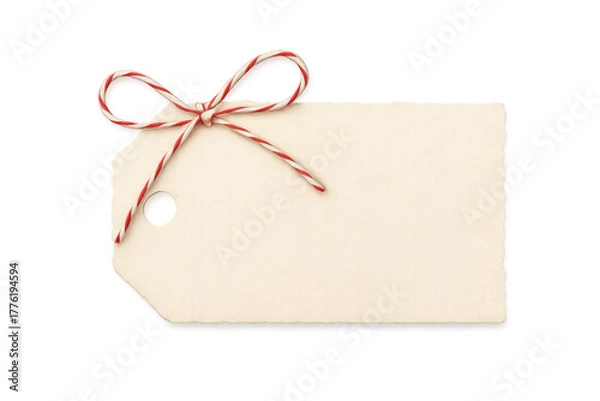 Fototapeta Blank vintage paper tag with red and white baker's twine bow, ready for a gift message or price label on transparent background