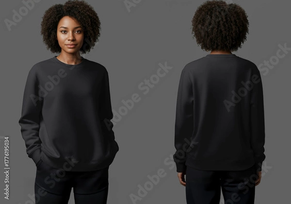 Fototapeta Front and Back Mockup of a Woman Wearing a Black Crewneck Sweatshirt
