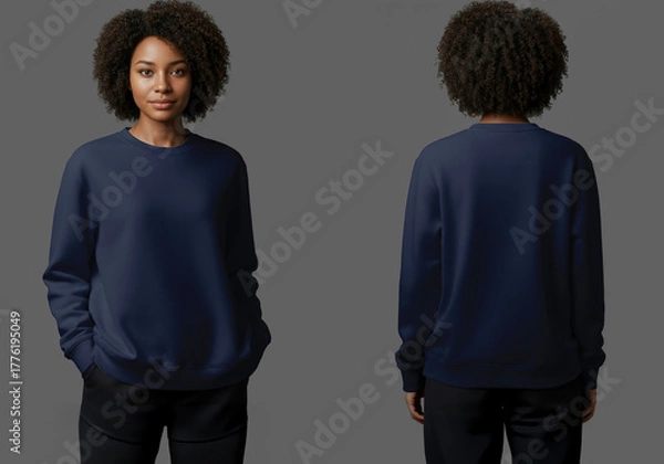 Obraz Front and Back Mockup of a Woman Wearing a Navy Crewneck Sweatshirt