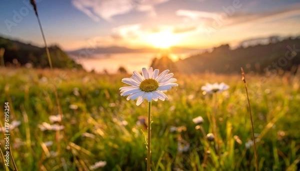 Obraz Field of daisies basks in the golden light of a sunrise, with a misty valley in the distance