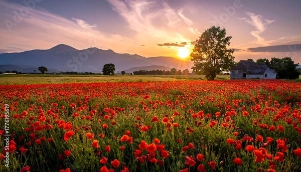 Obraz Field of red poppies stretches toward mountains under a vibrant sunset sky with wispy clouds and rural buildings
