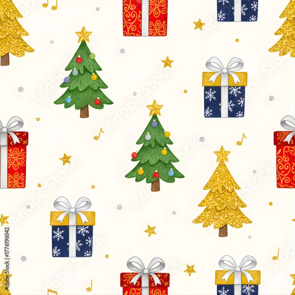 Fototapeta UN PATTERN DI NATALE CON PACCHI REGALO E ALBERI