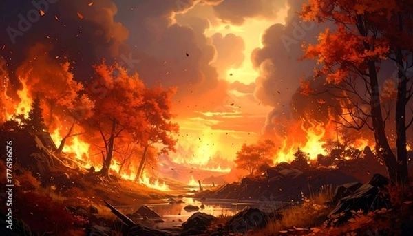 Obraz Fiery autumn landscape with trees ablaze, reflected in water under a dramatic, clouded sky