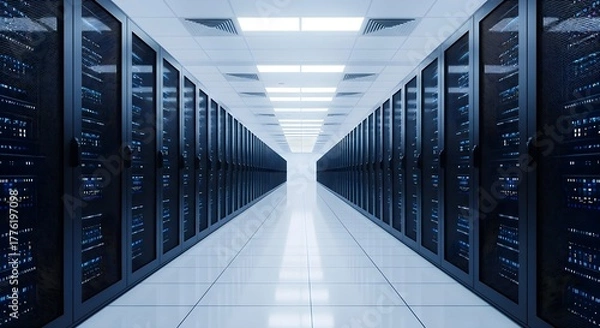 Fototapeta Modern data center aisle with rows of server racks, symbolizing big data, cloud computing, hosting, and information technology infrastructure.