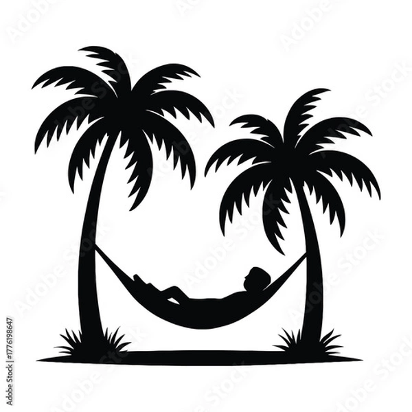 Obraz Silhouette of a person relaxing in a hammock strung between two palm trees on a tropical beach