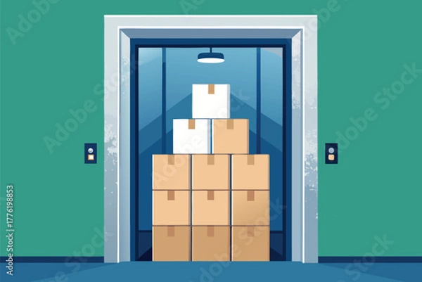 Obraz An elevator cab, overflowing with neatly stacked moving boxes, ascending vertically, symbolizing logistics and growth.